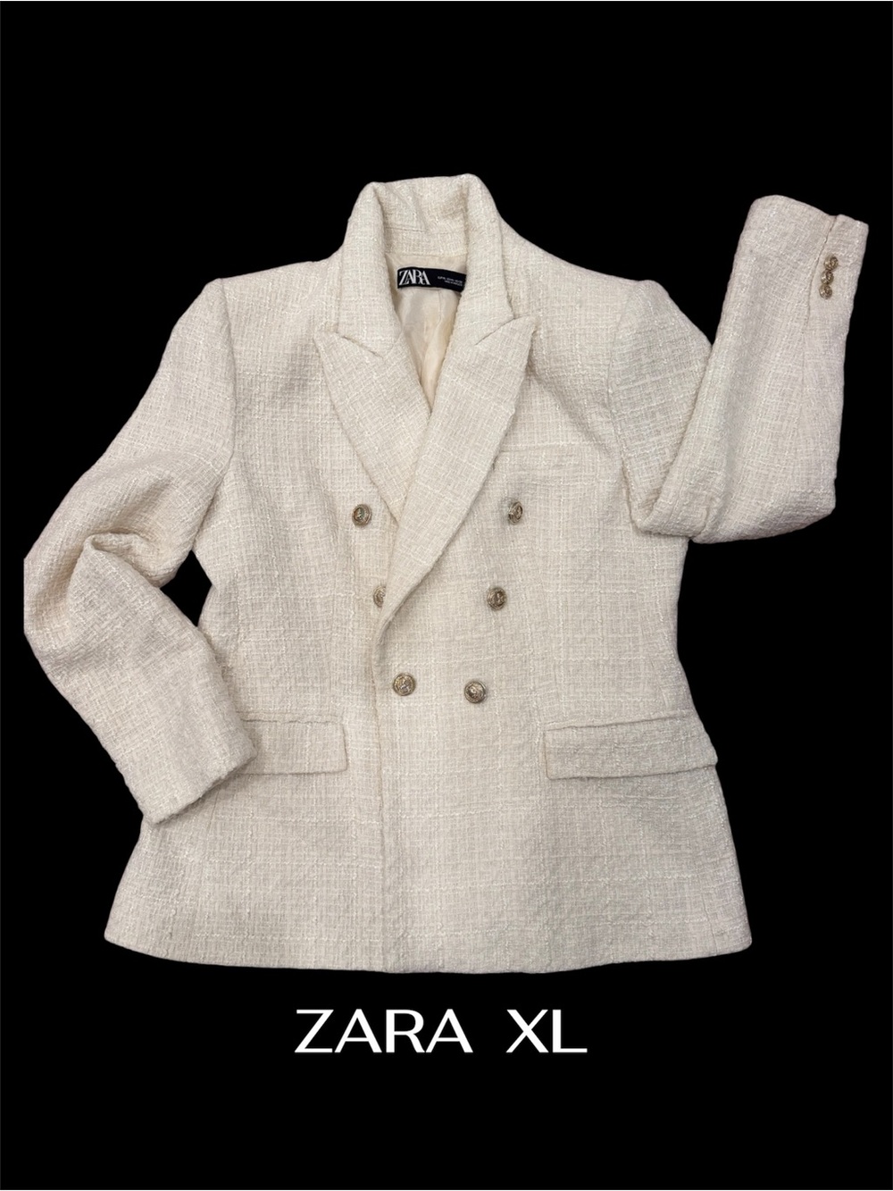 ZARA Cream Double-Breasted Tweed Blazer Jacket